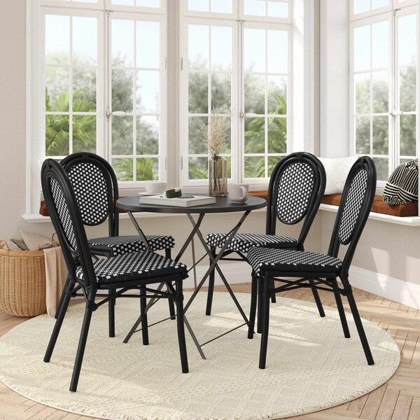 Flash Furniture Lourdes Thonet French Bistro Stacking Chair, Black and White PE Rattan and Black Alum Frame, 4PK 4-SDA-AD642002S-BKWH-BK-GG - main